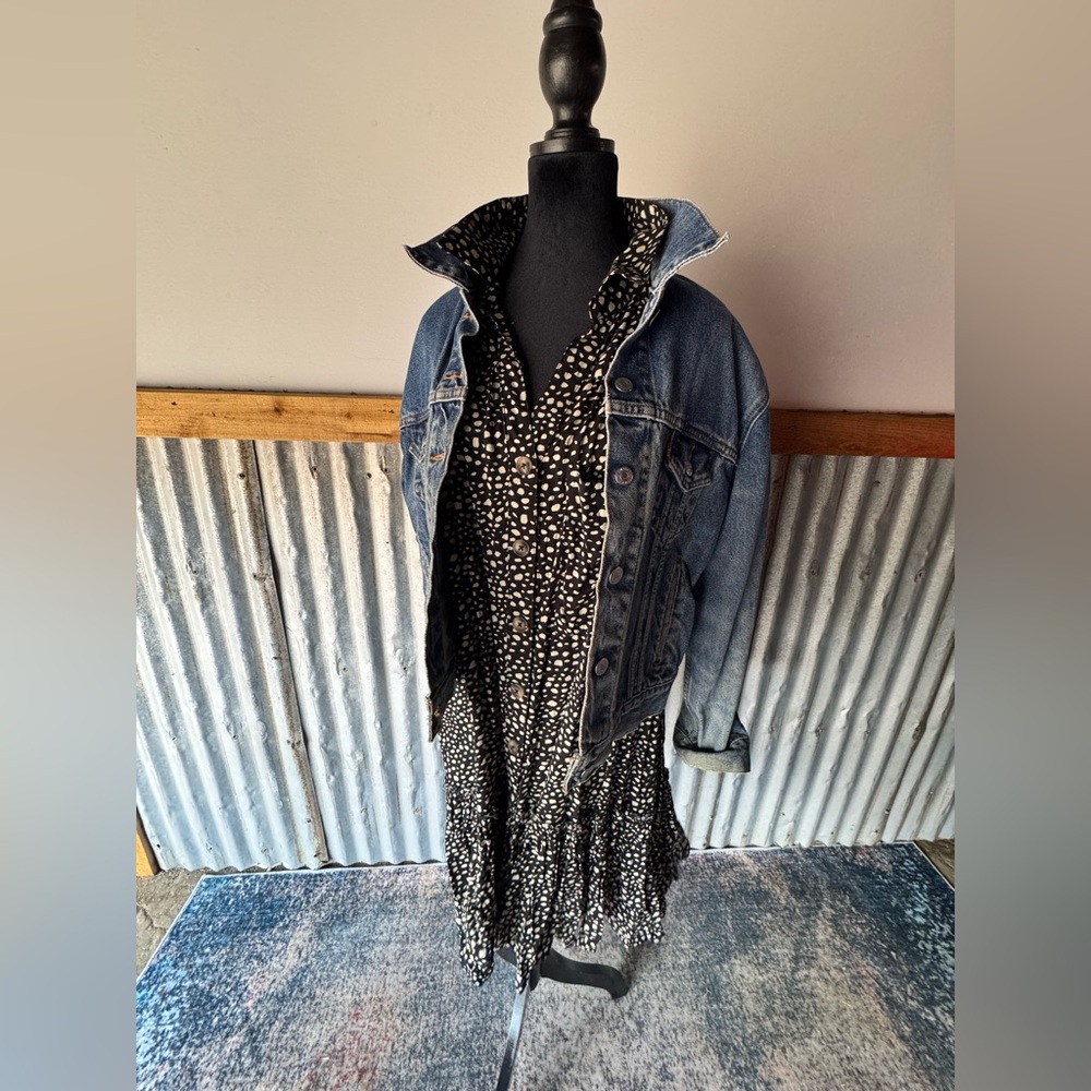 Easel Black and Cream Patterned Ruffle Dress